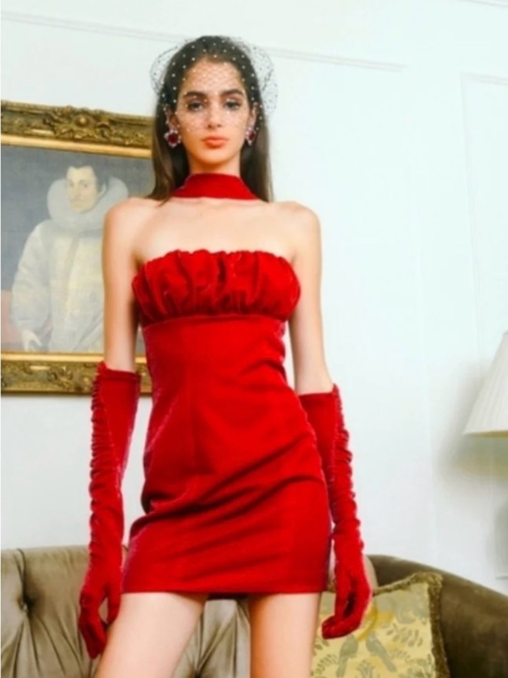 Nana Jacqueline Strapless Red Mini Dress with Choker